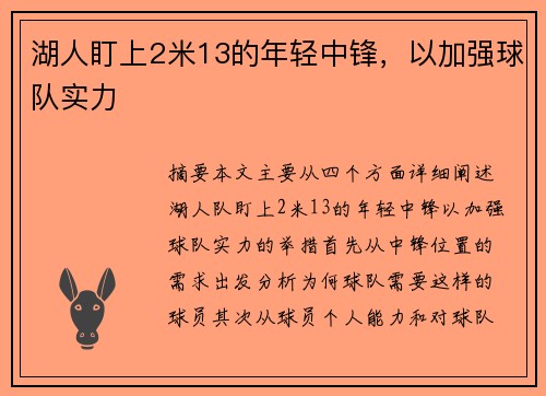 湖人盯上2米13的年轻中锋，以加强球队实力